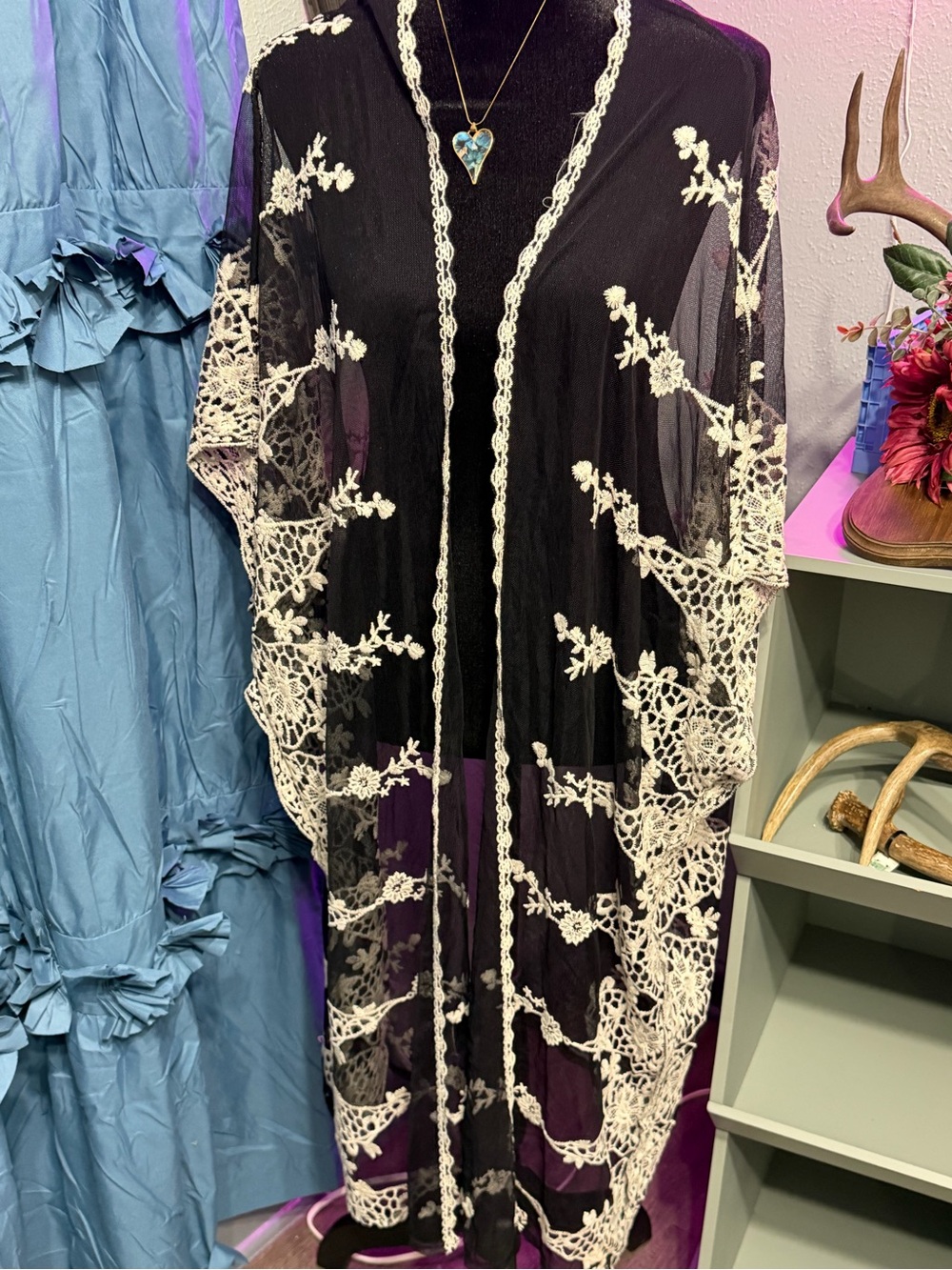 Plus Size Black Sheer Embroidered Lace Kimono Duster Boho Festival Cardigan